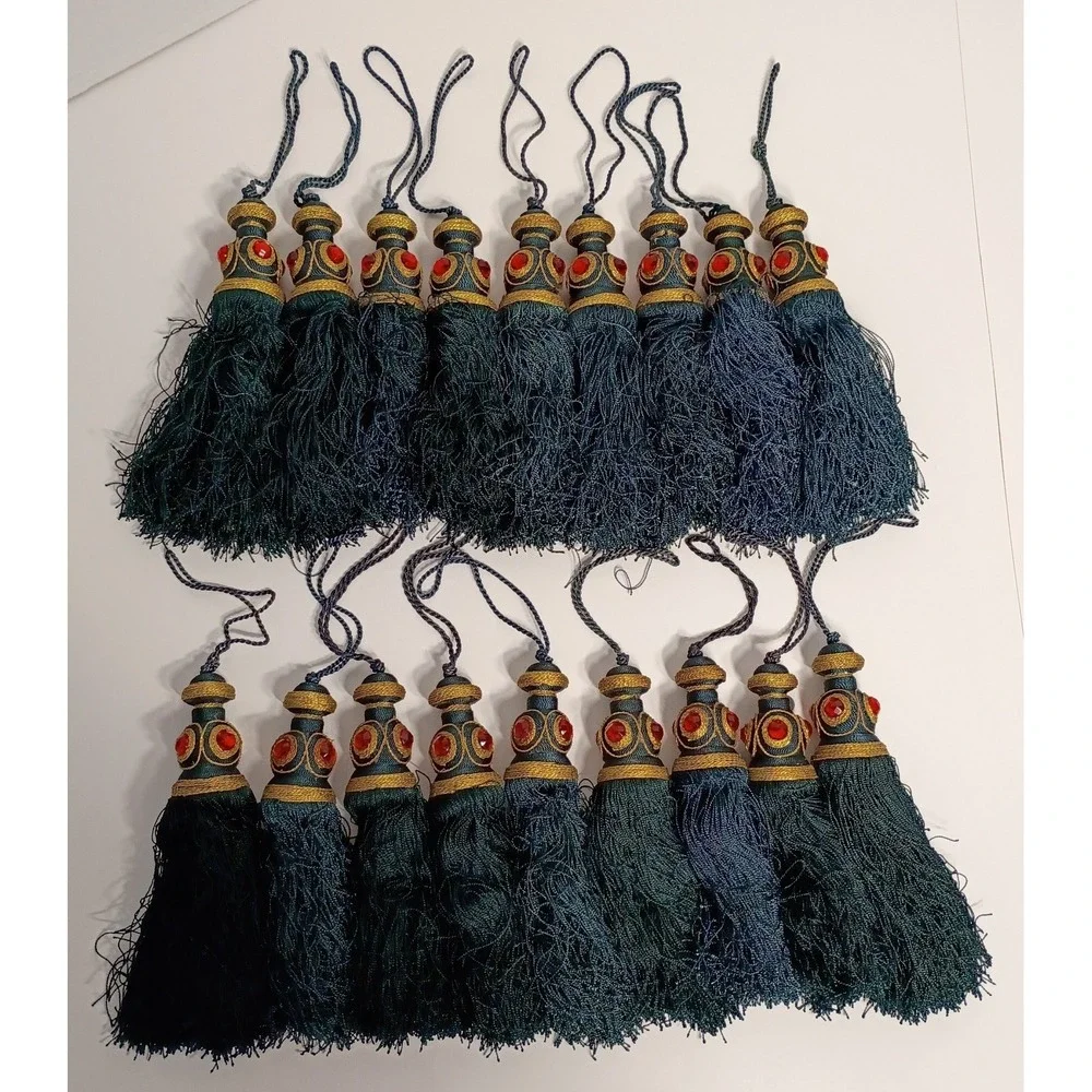 Dark Green Christmas Tassel Ornaments, Lot of 18, Red Gold Accents, Bohemian 7
